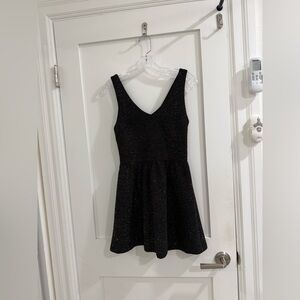 Aqua black v neck textured mini dress w/ gold sparkles (fair)